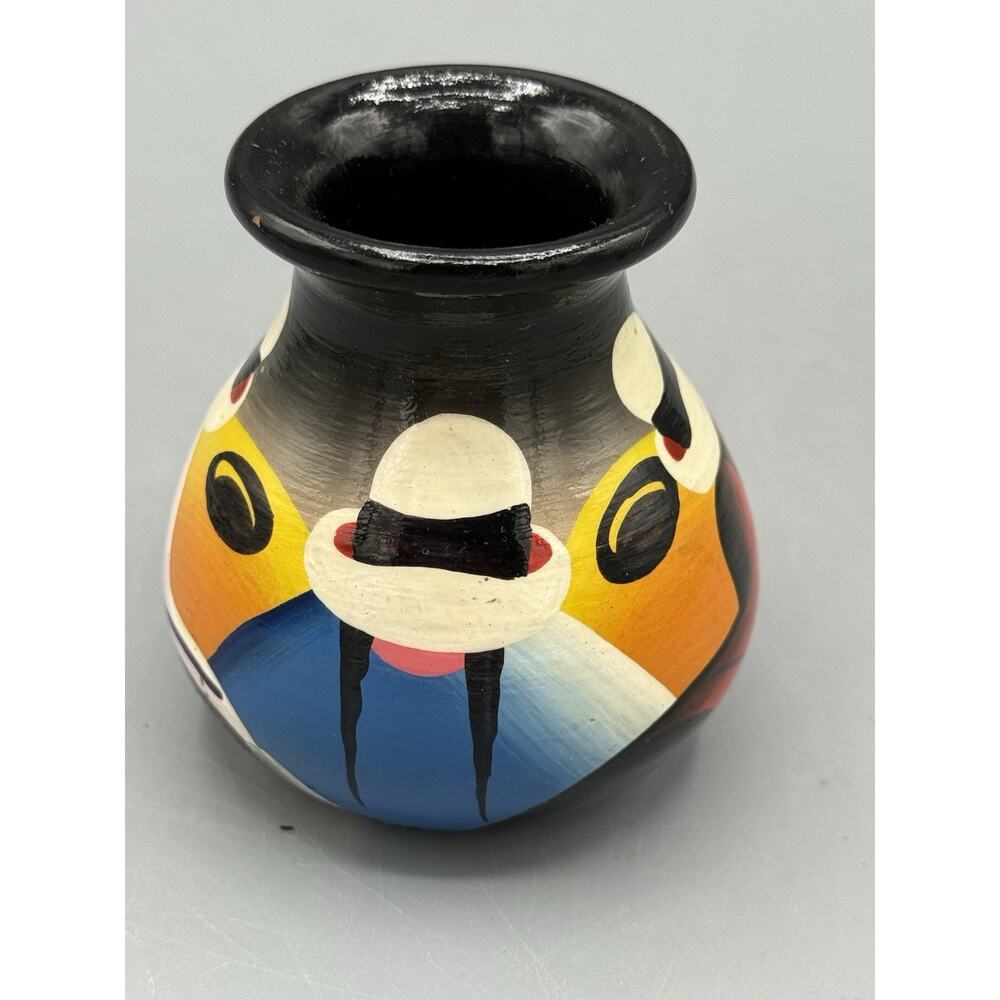 Signed Hand Painted Wooden Bud Vase Abstract Faces Folk Art 3” Decor